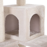 Cat tree with white plush cover, square cave with two entrances and sisal-wrapped posts.