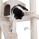 Cat tree with plush cover, integrated cave and toy mouse. Black and white cat playing on the platform.