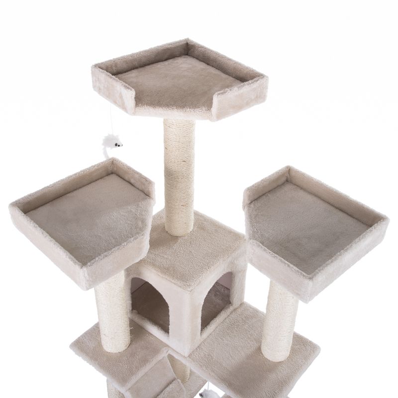 Cat tree with three padded platforms, a cave, and a toy mouse on a string. Beige colour, scratching posts made of sisal.