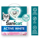Sanicat Active White cat litter, 6L, lotus blossom scent. Features: Oxygen Odour Control, long lasting, no dust, extra odour control.