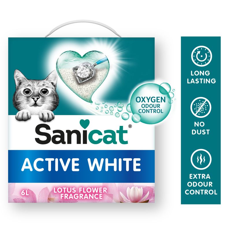 Sanicat Active White cat litter, 6L, lotus blossom scent. Features: Oxygen Odour Control, long lasting, no dust, extra odour control.