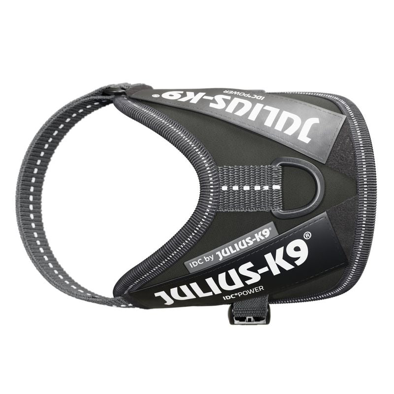 Julius-K9 IDC-Power dog harness in black with reflective stripes and sturdy metal ring for leash attachment.