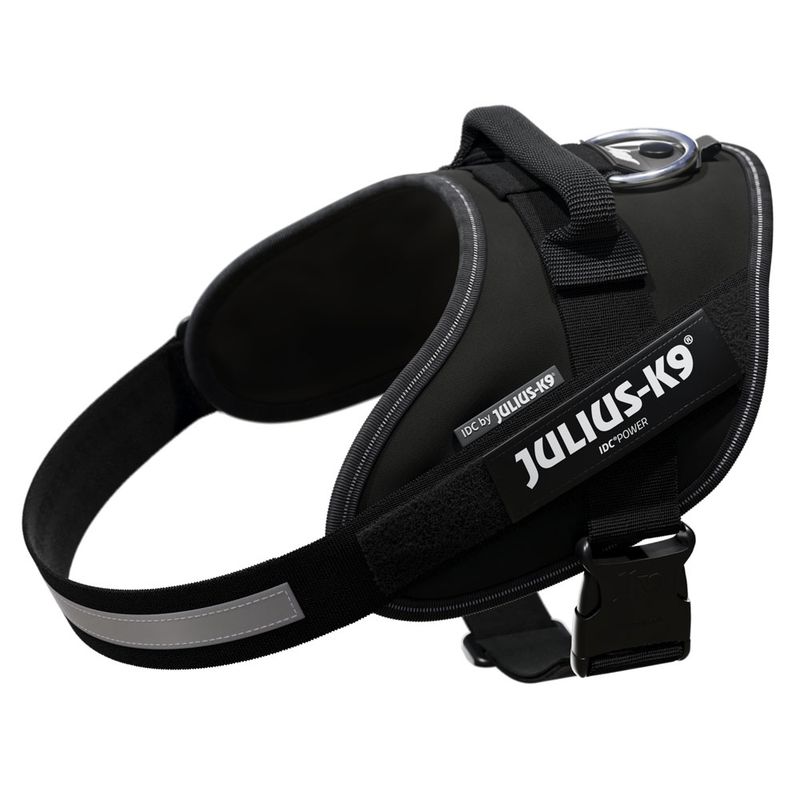 Black Julius-K9 IDC Power harness with reflective stripes and handle, suitable for dogs.