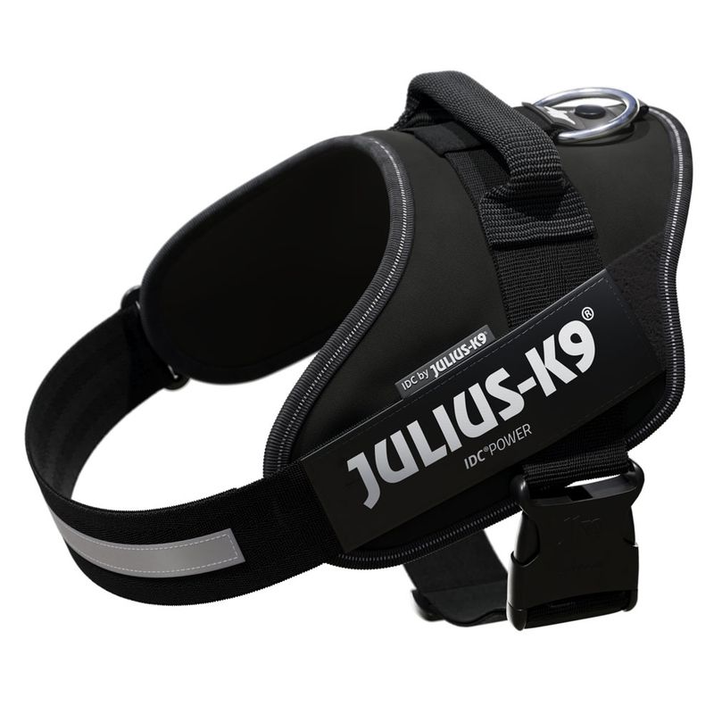 Julius-K9 IDC Power dog harness in black with reflective stripes and sturdy metal ring for leash attachment.