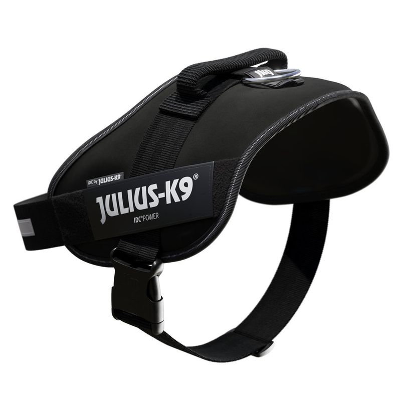 Julius-K9 IDC Power dog harness in black with handle and adjustable strap.