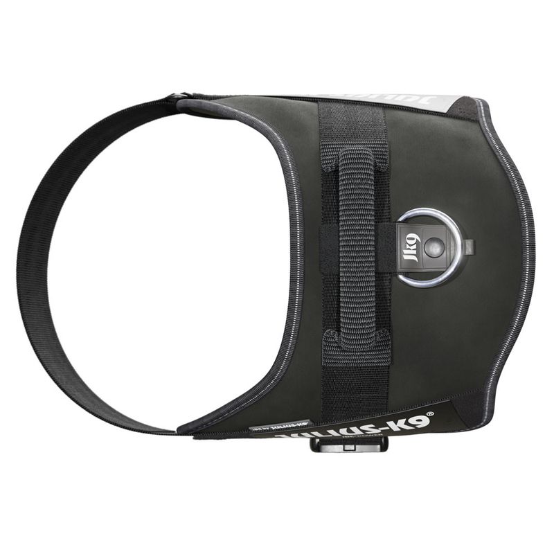 Black Julius-K9 dog harness with sturdy handle and metal ring for attachment. Side lettering 'Julius-K9'.