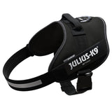 Black Julius-K9 IDC Power harness with reflective strip and sturdy fastener.