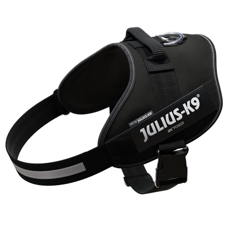 Black Julius-K9 IDC Power harness with reflective strip and sturdy fastener.