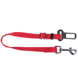 Red safety belt for pets with adjustable nylon strap, metal clip and seat belt buckle adapter.
