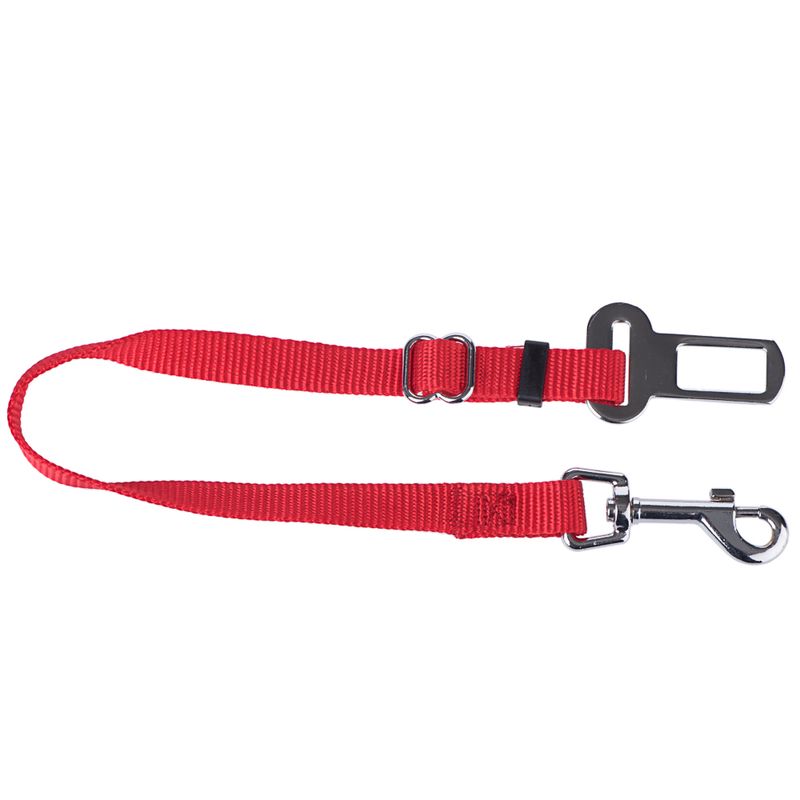 Red safety belt for pets with adjustable nylon strap, metal clip and seat belt buckle adapter.