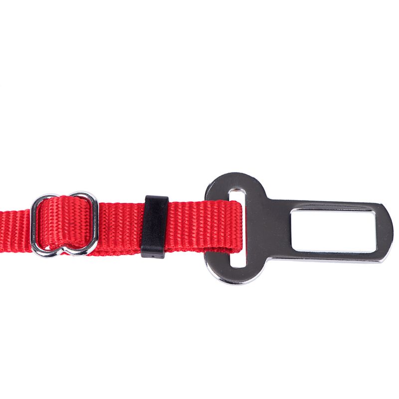 Red safety harness strap with adjustable metal buckle and seat belt lock for car seat attachment.