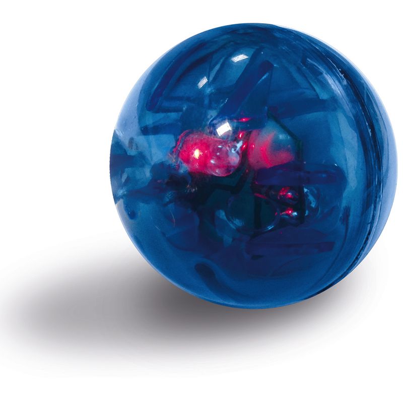 Blue plastic ball with red LED light inside, suitable for interactive play.