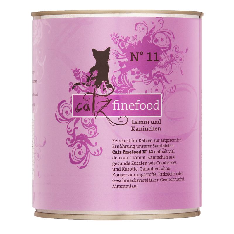 Catz finefood No 11, lamb and rabbit. Contains lamb, rabbit, cranberries, carrot. Free from preservatives, colourings, flavour enhancers, and GMOs.