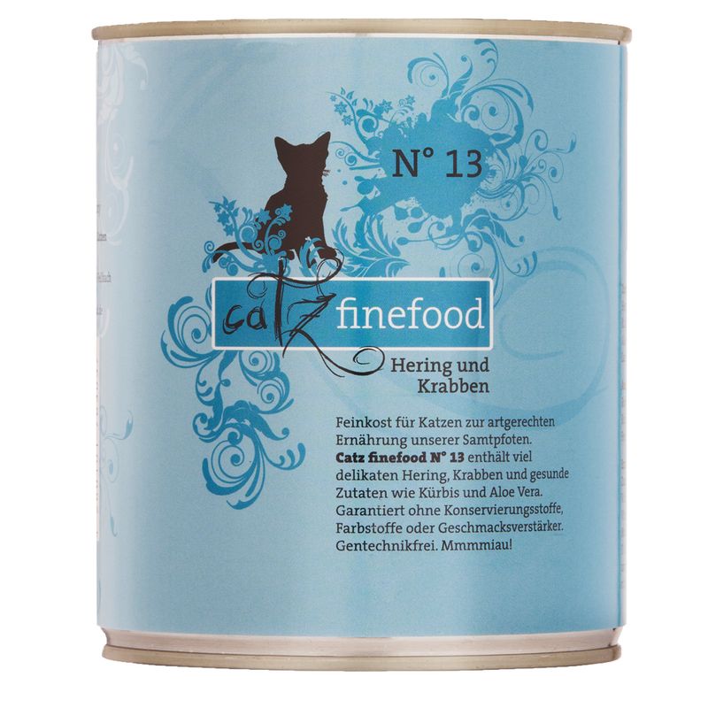 Catz finefood No 13 Hering und Krabben. Contains herring, crab, pumpkin and aloe vera. Free from preservatives, colourings, flavour enhancers and GMOs.