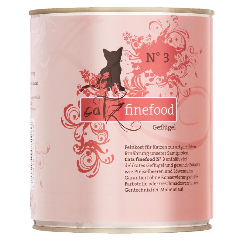 Catz finefood No 3 Geflügel. Contains poultry, cranberries and dandelion. Free from preservatives, colourings, flavour enhancers and GM ingredients.