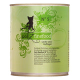 Catz finefood No 5 Lachs und Geflügel. Contains fish, poultry, spinach and tomato. Free from preservatives, colourings, flavour enhancers. GMO-free. Text in German.