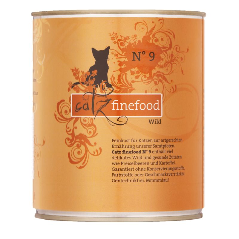 Catz finefood No. 9 Wild. Contains wild meat, cranberries and potatoes. Free from preservatives, colourings, flavour enhancers and genetic engineering.