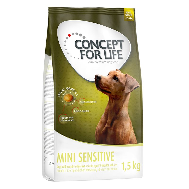 Concept for Life Mini Sensitive, 1.5 kg. For dogs from 10 months with sensitive digestion. Special Formula X: single animal protein, optimal digestion, highest acceptance.