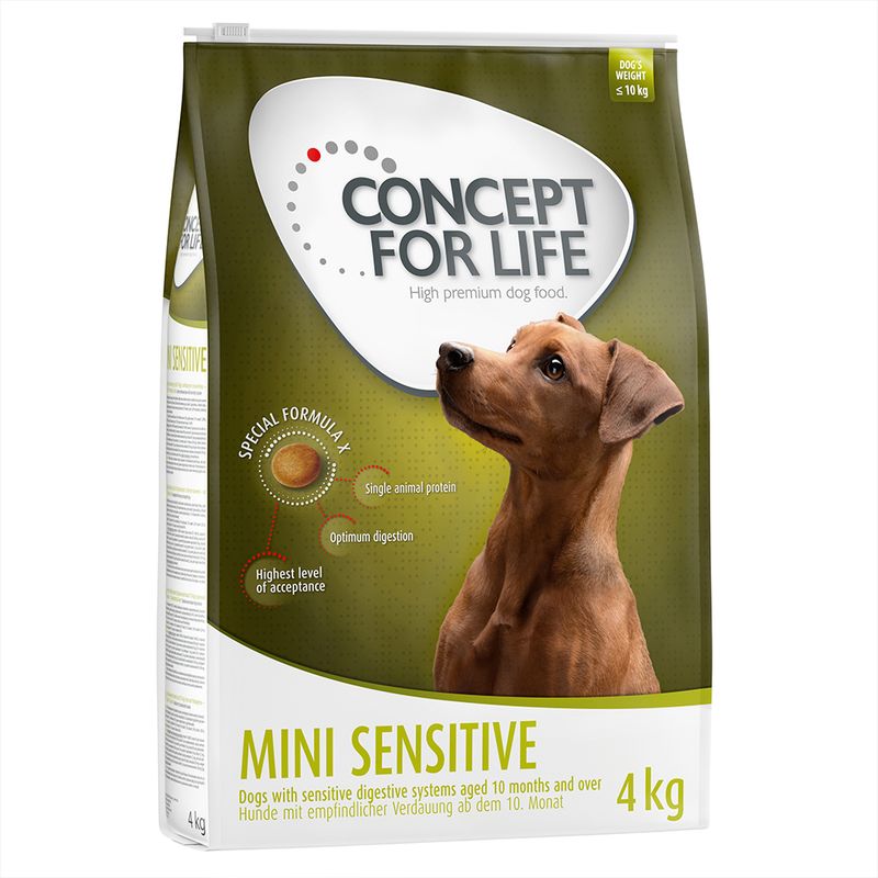 Concept for Life Mini Sensitive, dog food for dogs from 10 months with sensitive digestion, weight ≤10kg, 4kg pack. Special Formula X: single animal protein, optimal digestion.