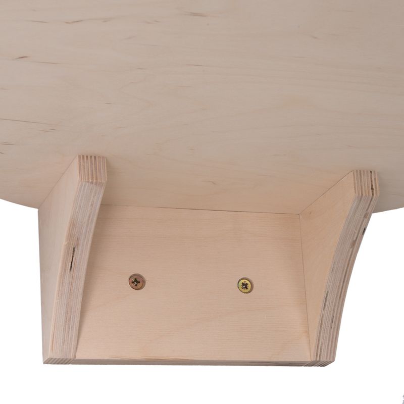 Close-up view of a wood joint with two screws, made of light laminated wood.