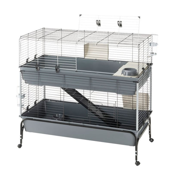 Two-storey cage with metal grid walls, plastic trays, ramp and wheels. Integrated feeding station and water bottle visible.