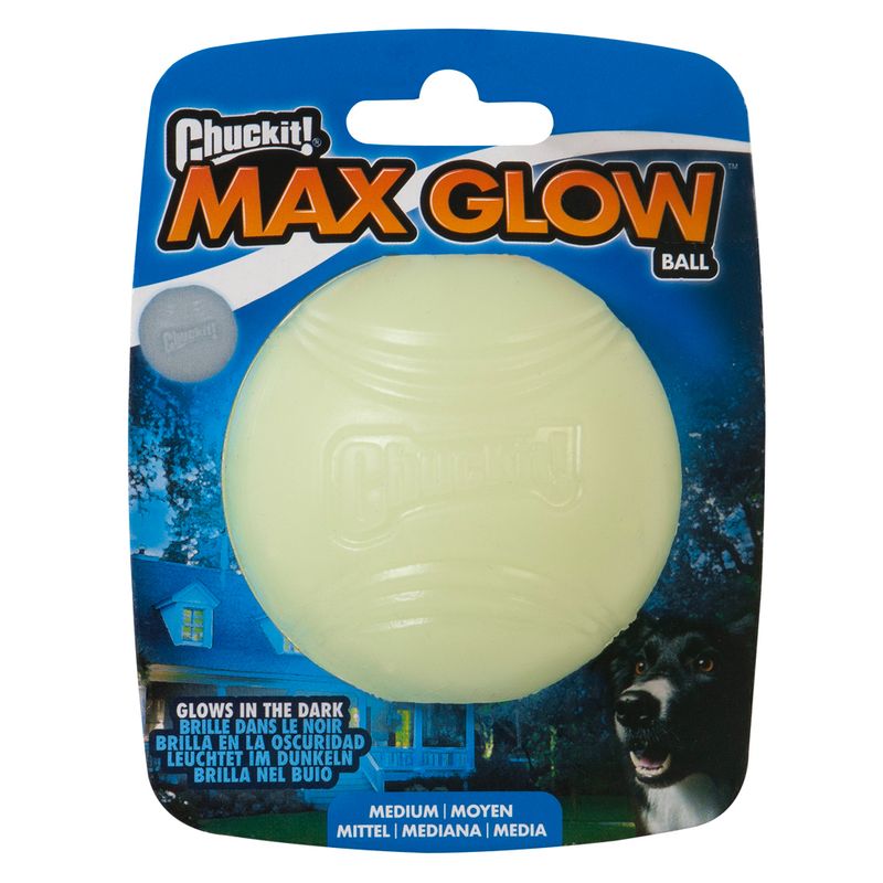 Chuckit! Max Glow Ball, glows in the dark, size Medium. Packaging shows ball and dog in front of a house at night.