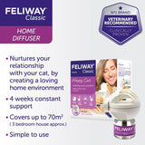 Feliway Classic Home Diffuser. Nurtures relationship with your cat, creates a loving home environment, offers 4 weeks support, covers up to 70m², simple to use, veterinary recommended.