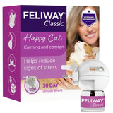 Feliway Classic 30 day diffuser and refill packaging showing 'Happy Cat', 'Calming and comfort', and 'Helps reduce signs of stress' with product image.