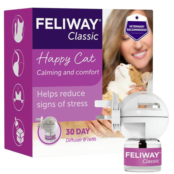 Feliway Classic 30 day diffuser and refill packaging showing 'Happy Cat', 'Calming and comfort', and 'Helps reduce signs of stress' with product image.