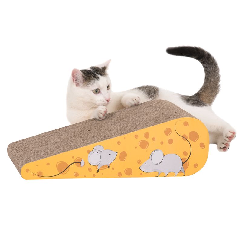 Cardboard scratching toy shaped like a piece of cheese with mouse designs. White cat playing on it.