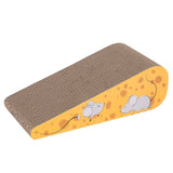 Cardboard scratching board in wedge shape with yellow design, mouse and cheese motif on the side.