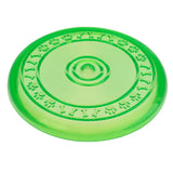 Green plastic frisbee with bone and paw pattern on the edge, suitable for throwing games.