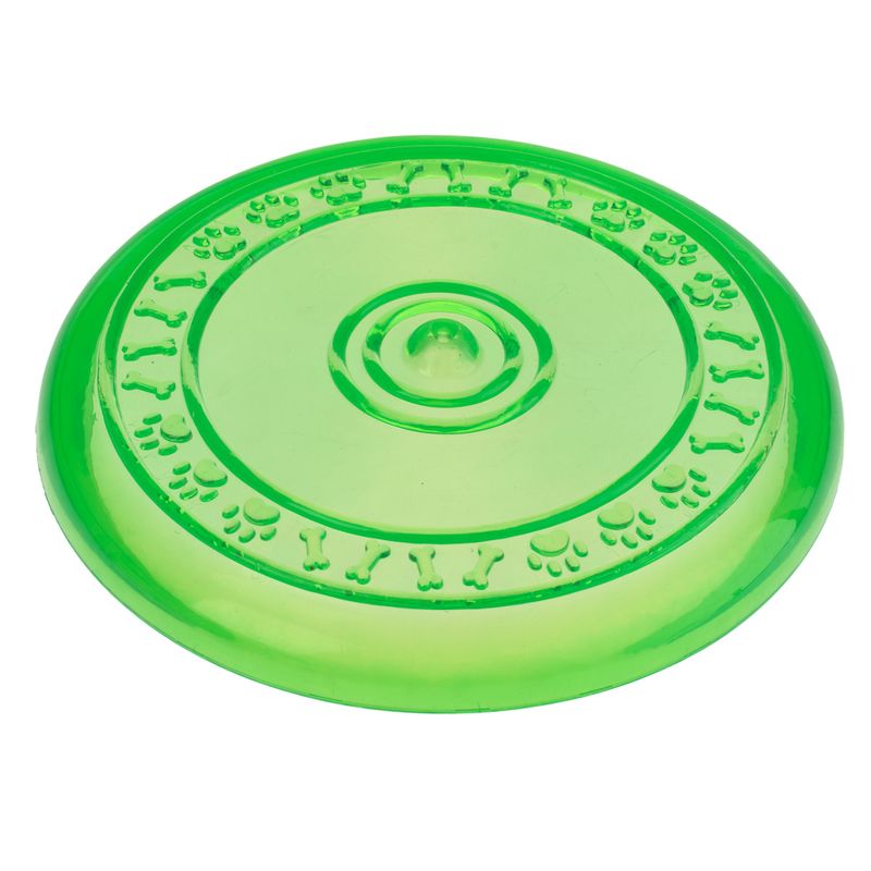 Green plastic frisbee with bone and paw pattern on the edge, suitable for throwing games.