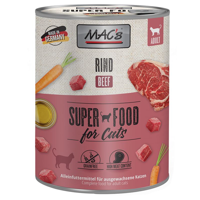 MAC's Super Food for Cats, beef. Made in Germany, complete food for adult cats, grain-free, high meat content.