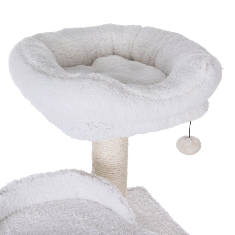 Cat tree with white plush bed, sisal post and hanging play ball.