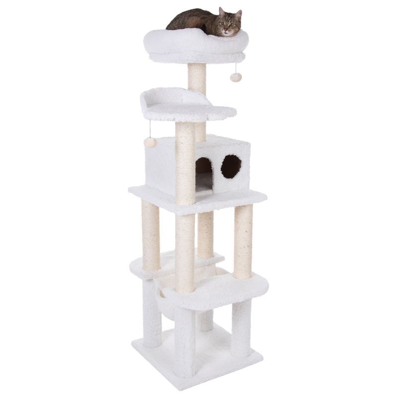 White cat tree with multiple levels, cave, resting areas and play balls. Cat lying on the top platform.