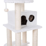 Cat tree with white plush cover, sisal posts and cave. Cat looks out from an opening in the cave.
