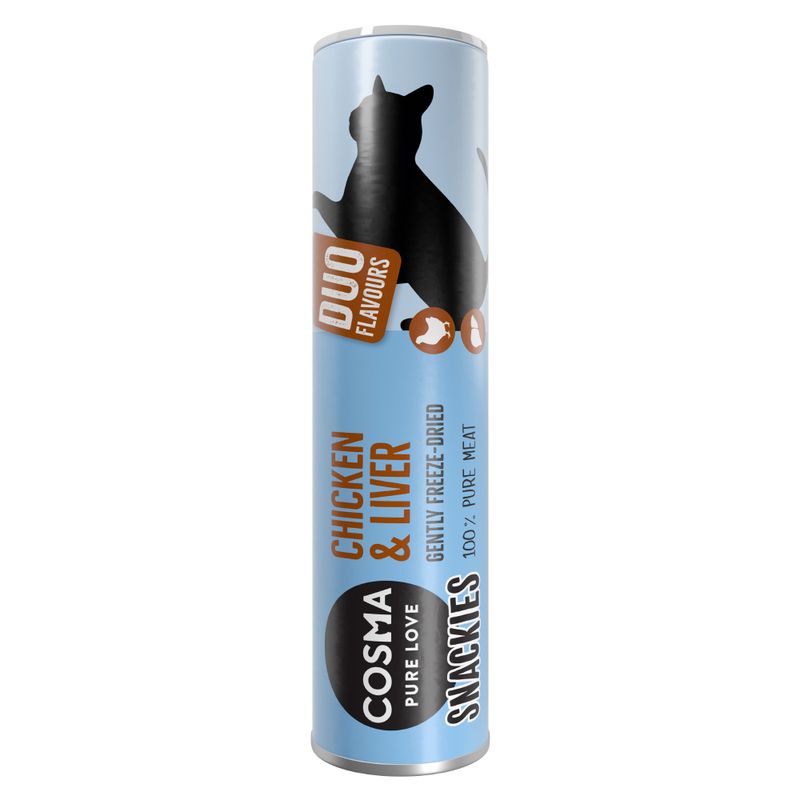 Cosma Snackies Duo Flavours Chicken & Liver, gently freeze-dried, 100% pure meat. Packaging with black cat silhouette on blue background.