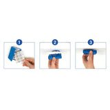 Instructions for using a blue air freshener: 1. Insert fragrance pad, 2. Attach holder under furniture, 3. Close holder.