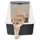 Cat litter box with folding lid, beige cat stepping out of the opening.