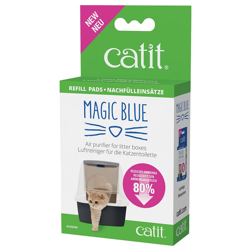 Catit Magic Blue refill inserts, air purifier for cat litter boxes, reduces ammonia odour by 80%, packaging with image of a cat and litter box.