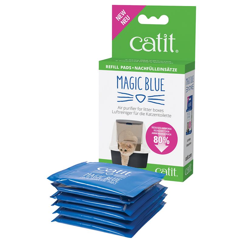 Catit Magic Blue refill pads for cat litter boxes, reduce ammonia odour by 80%, packaging with cat and blue pads.
