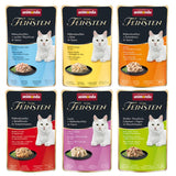 Animonda Vom Feinsten cat food. Varieties: chicken fillet with white tuna, cheese, duck breast, beef in tomato sauce, salmon and mussel sauce. Packaging shows a cat.