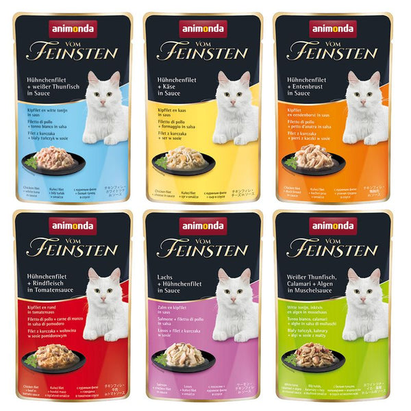 Animonda Vom Feinsten cat food. Varieties: chicken fillet with white tuna, cheese, duck breast, beef in tomato sauce, salmon and mussel sauce. Packaging shows a cat.