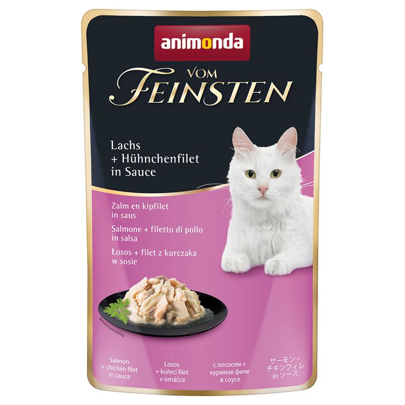 Animonda Vom Feinsten wet food for cats, salmon + chicken fillet in sauce, ready to serve. Packaging with white cat and product image on black plate.