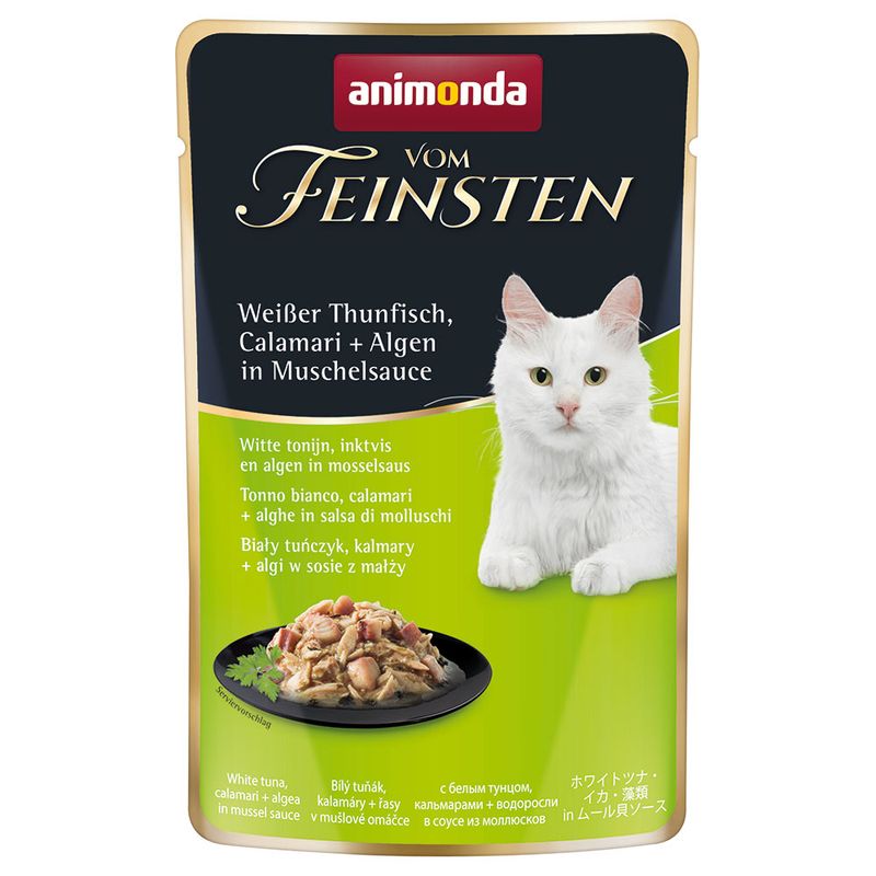 Animonda Vom Feinsten. White tuna, calamari and seaweed in mussel sauce. Image of a white cat and served product on a black plate.