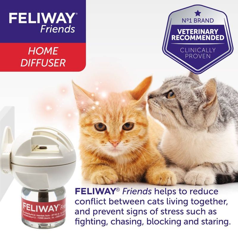 Feliway Friends Home Diffuser helps reduce conflict between cats living together and prevents stress signs such as fighting, chasing, blocking and staring. Veterinary recommended.