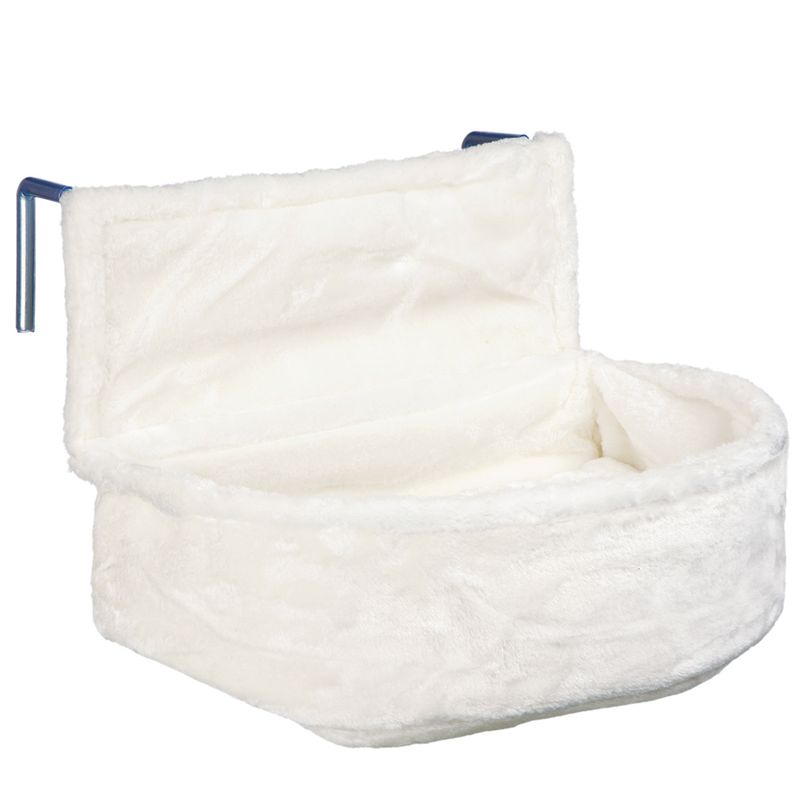 White, padded hanging bed with metal brackets for attachment to radiators.