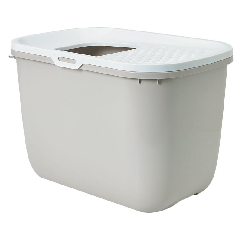 Grey plastic box with white lid and rectangular opening, suitable for storage or use as a cat litter tray.