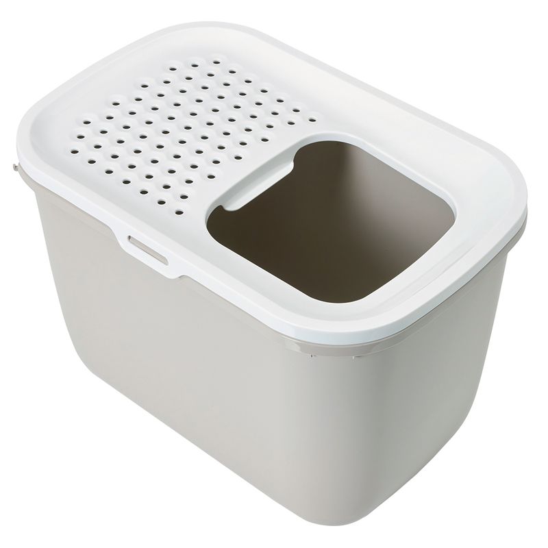 Plastic box with a white lid featuring a large top entry hole and ventilation holes, designed for easy access and odour control.